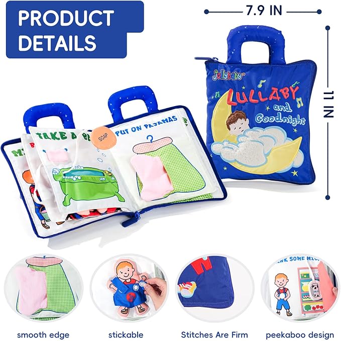 Jollybaby Baby Soft Busy Books for Toddles - Lullaby and Goodnight Quiet Book, Travel Toy & Montessori Educational, 10 Preschool Learning Activities for 1 2 3 Year Old Toddlers Boy Girl(Navy)