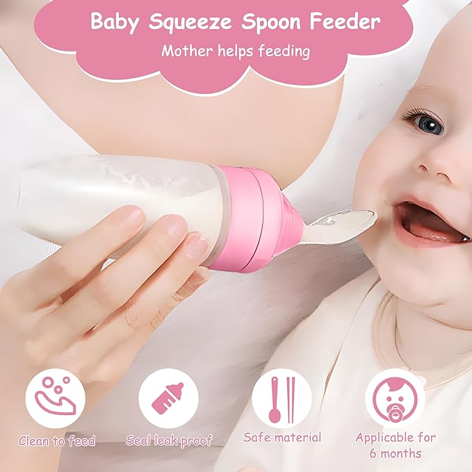 WAJIAYON Baby Food Feeder 4 Pack Silicone Baby Food Dispensing Spoon-3 oz Squeeze Feeding Spoons with Suction Cup for Boys Girl Kids Toddlers - Self Feeding Bottle Spoon-Peach Pink