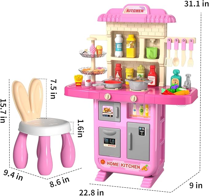 Kids Play Kitchen Playset for Toddlers Girls, Toy Kitchen Sets Pretend Play Food Toy with Chair for Girls Kids Ages 3-8, with Light Sound Spray