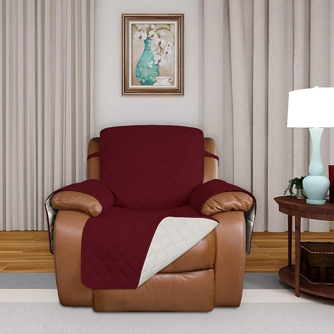 PureFit Reversible Quilted Sofa Cover, Water Resistant Slipcover Furniture Protector, Washable Couch Cover with Non Slip and Elastic Straps for Kids, Dogs, Pets (Oversized Recliner, Red/Ivory)