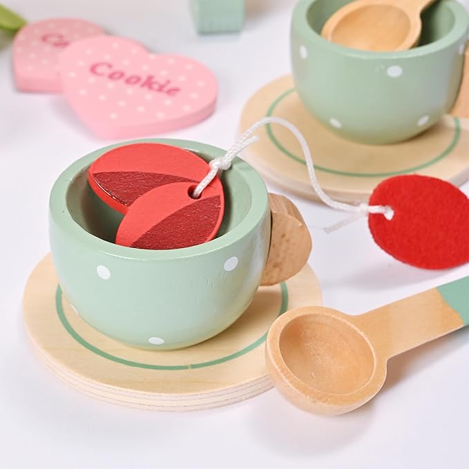 27pcs Wooden Tea Set for Little Girls, Toddler Tea Set Wooden Toys Play Kitchen Accessories with Cupcake Stand, Kids Tea Party Set Pretend Play Food Birthday Gift Playset