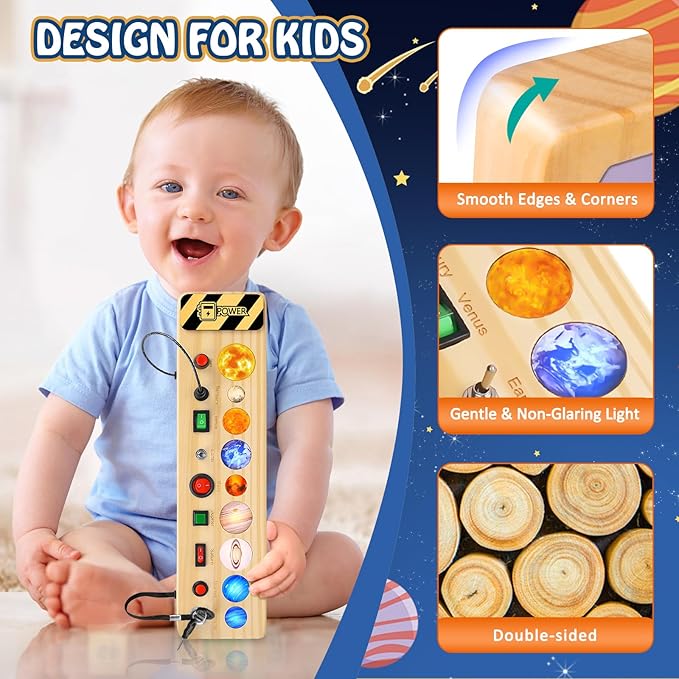 Solar System Busy Board Montessori Toys for Toddler, Wooden Sensory Board Switch Space Toy LED Light Up Travel Toys Educational Plane Travel Activity for Year Old Girls & Boys Gifts
