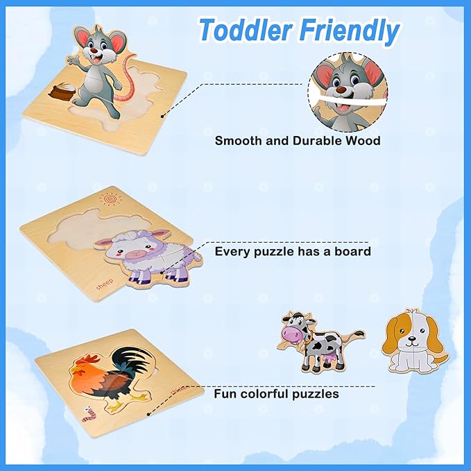 8pcs Wooden Puzzles for Toddlers 1 2 3 4, Toddler Puzzles Ages 1 2 3 4, Montessori Educational Jigsaw Toys Puzzles Christmas Birthday Gift for Kids Girl Boy 1-4 Year Old (Farm Animal)