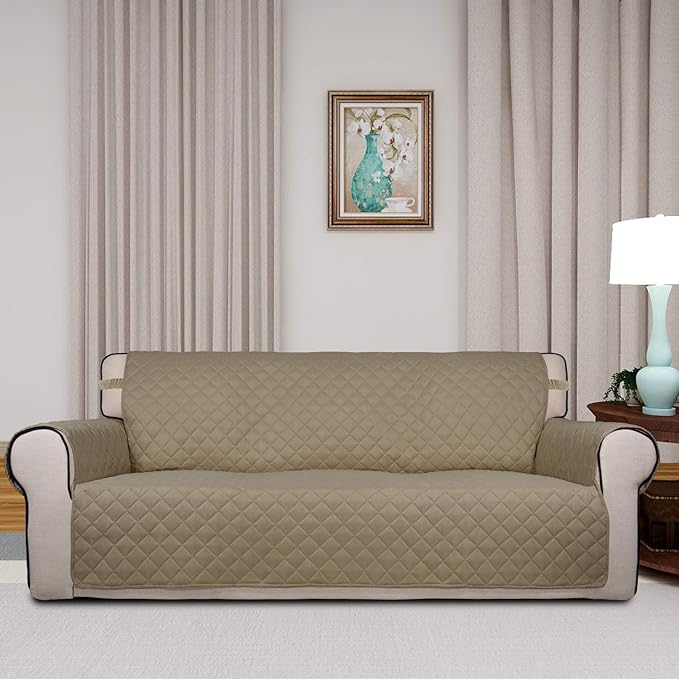 PureFit Reversible Quilted Sofa Cover, Water Resistant Slipcover Furniture Protector, Washable Couch Cover with Non Slip and Elastic Straps for Kids, Pets (Oversized Sofa, Beige/Beige)