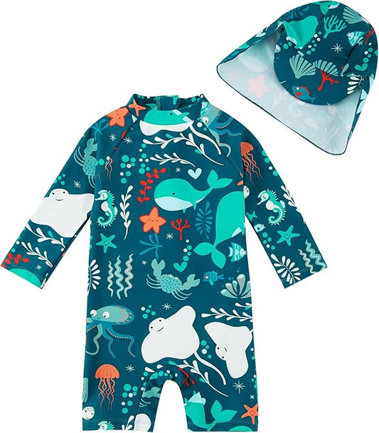 upandfast Baby/Toddler Swimsuit UPF 50+ Sun Protection One Piece Zipper Bathing Suit with Sun Hat Infant Beach Swimwear