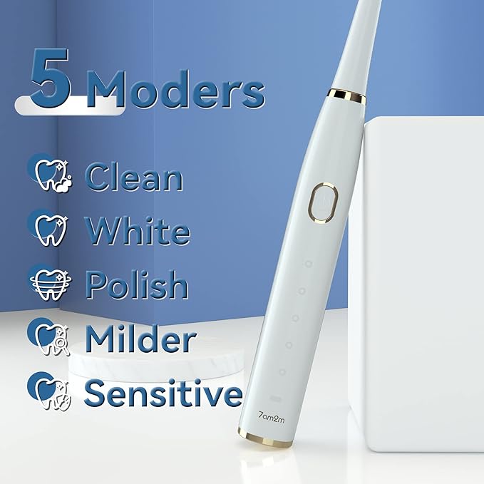 7AM2M Sonic Electric Toothbrush for Adults and Kids- High Power Rechargeable Toothbrushes with 8 Brush Heads,5 Adjustable Modes, Built-in 2-Minute Smart Timer,4 Hours Fast Charge for 30 Days(White)