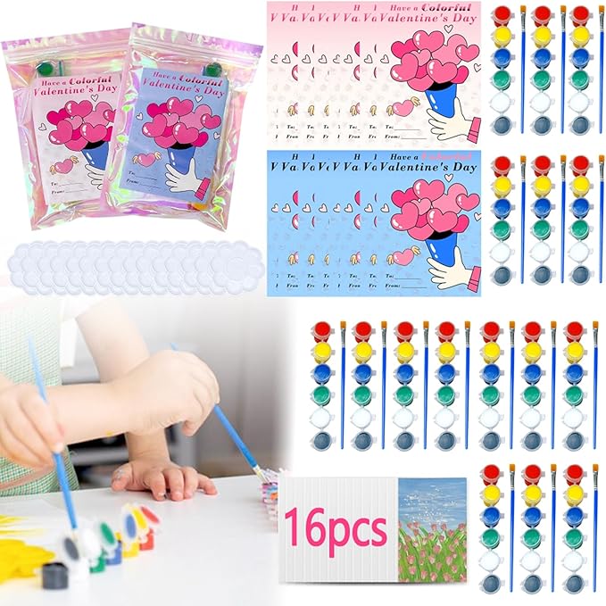 16pcs Valentines Day Gifts Cards for Kids Class Valentine Exchange Classroom Gifts School Party Favors Watercolor Acrylic Paint Kit Set Valentines with Drawing Canvas Palette Brush Wishes Stickers