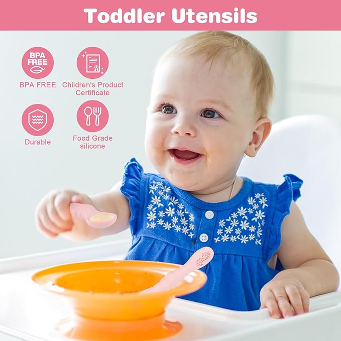 Silicone Baby Spoons Self Feeding 6+ Months 3PCS Toddler Forks and Spoons Utensils Baby Led Weaning Teething Spoon Infant Spoons First Stage Newborn Baby Essentials Baby Gifts Pink