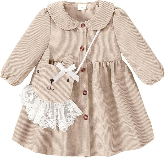 Mioglrie Toddler Baby Girl Dress 2T 3T 6 12 18 24 Months Fall Winter Clothes Outfits Dresses with Cute Satchel for Baby