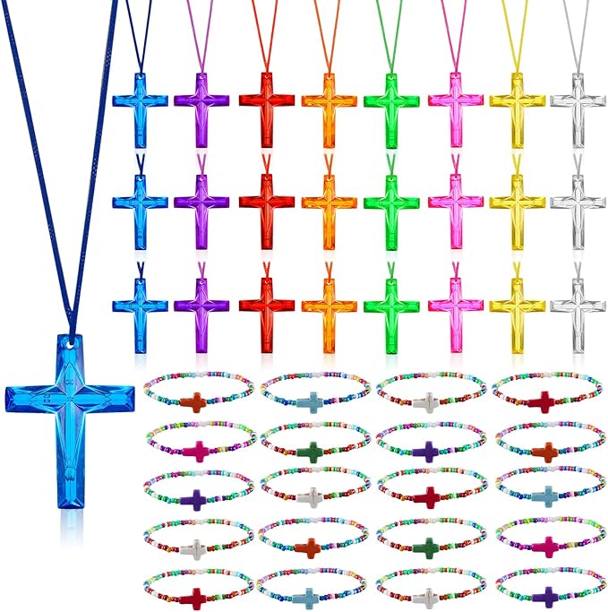 48 Pcs Cross Necklaces Christian Religious Party Favors Include 24 Plastic Crystal Cross Necklace DIY Craft Gifts with 24 Bracelet for Vacation Bible Prize Favor (Cross)