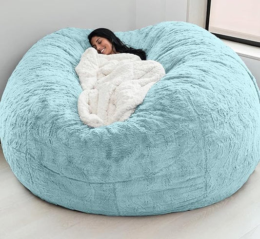 Giant Fur Bean Bag Chair Cover for Kids Adults, (No Filler) Living Room Furniture Big Round Soft Fluffy Faux Fur Beanbag Lazy Sofa Bed Cover (Sky Blue, 6FT)