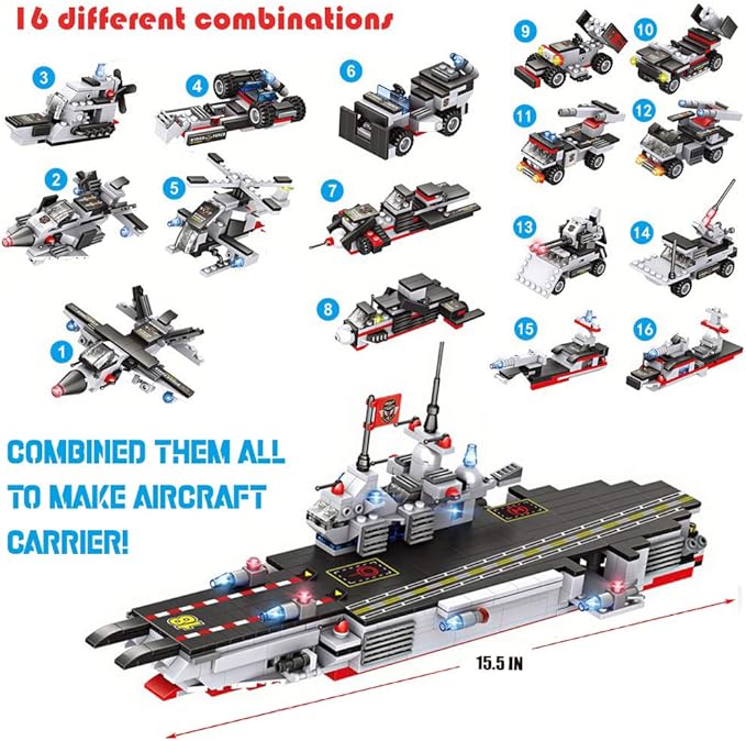 825pc Military Aircraft Carrier Fleet Construction Toy - 8-in-1 Naval Battleship Models with Navy Vehicles, Jets & More - Compatible with Lego Bricks - Storage Case Included