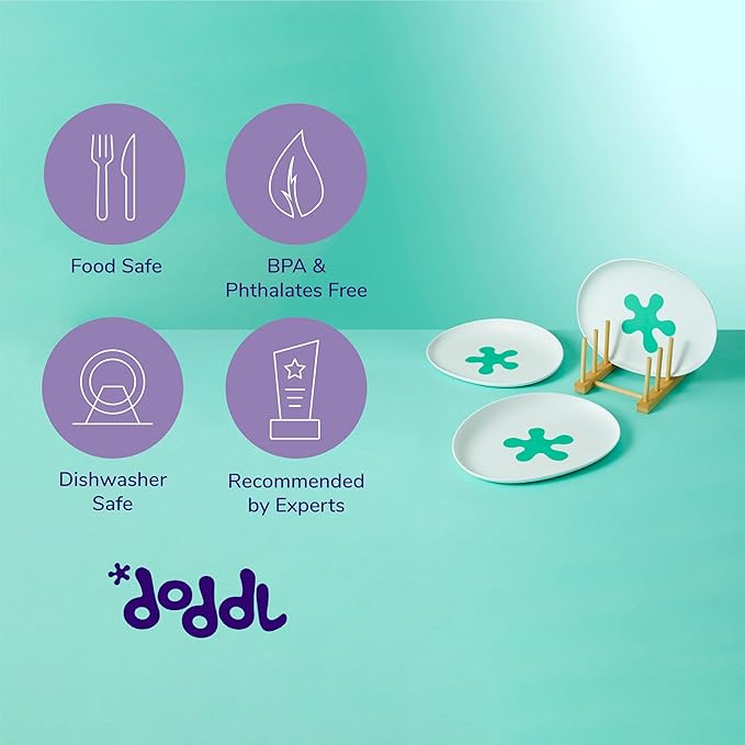 doddl Baby and Toddler Plate, Non-Slip Base, Ergonomic Toddler Dishes for Self Feeding, 1-3 Year Olds, Dishwasher Safe, BPA Free (White & Aqua)