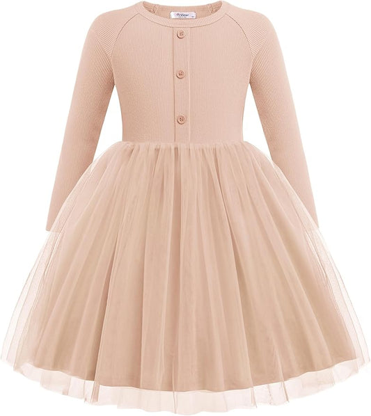 Arshiner Toddler Girls Tutu Dress Long Sleeve Fall Winter Button Front Party Tulle Dresses 2-8Y