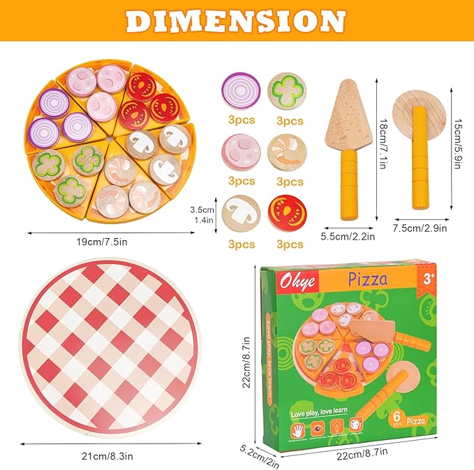Wooden Pizza Toy for Kids, Toddler Play Food Pizza Cutting Set, Pretend Play Food with Toppings Cutter and Spatula Kitchen Accessories Montessori Toys Gifts for Boys Girls Ages 3 4 5 6 Years Old
