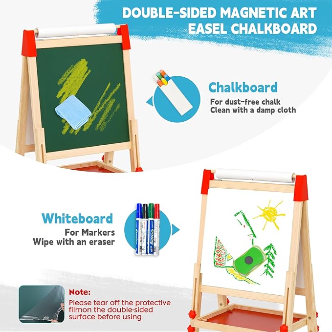 Kids Art Easel with Paper Roll Art Standing Easel Double-Sided Whiteboard & Chalkboard & Roll Paper Drawing Board Standing Easel with Accessories for Kids and Toddlers