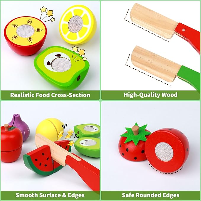 30 Pcs Wooden Play Food Sets for Kids Kitchen Accessories, Velcro Fruit and Veggies for Toddlers, Velcro Fruit Cutting Toys for Kids, Color Sorting Play Food Set, Play Food for Toddlers 1-3