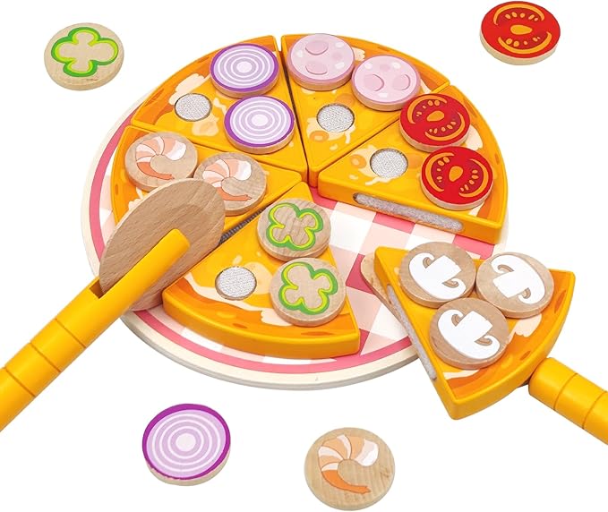Wooden Pizza Toy for Kids, Toddler Play Food Pizza Cutting Set, Pretend Play Food with Toppings Cutter and Spatula Kitchen Accessories Montessori Toys Gifts for Boys Girls Ages 3 4 5 6 Years Old
