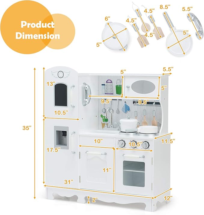 ARLIME Kids Kitchen Playset, Wooden Toy Toddler Kitchen w/Simulated Sound, Sink, Stovetop, Microwave, Refrigerator, Pretend Play Kitchen Great Gift for Boys Girls