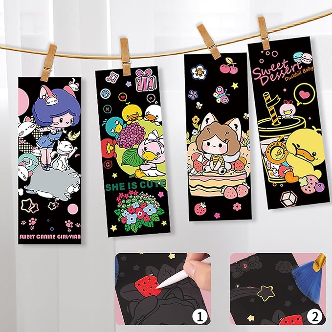 40 Card Rainbow Sparkle Scratch Painting Note, Hand-Eye Coordination Art&Crafts, Mini Magic Scratch DIY Graffiti Creative Bookmarks Gift for Kids&Adults, 8.5''x3.2'' (Canine Girl/Duckbill Baby Space)