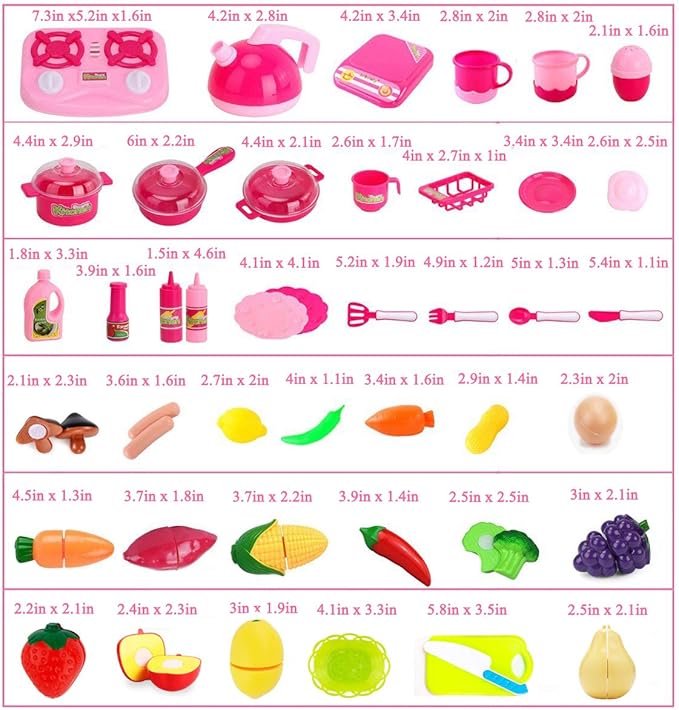 Kimicare 58 Piece Kitchen Cooking Set Girls Boys Fruit Vegetable Tea Playset Toy for Kids Early Age Development Educational Pretend Play Food Assortment Set