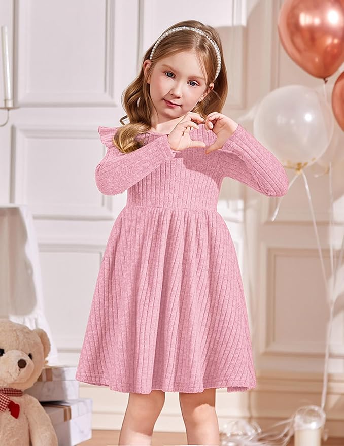Arshiner Toddler Girl Dress Baby Girls Knitted Ruffle Sleeve Pocket Dresses A-Line Flared Fall Winter Clothes for 2-8 Years