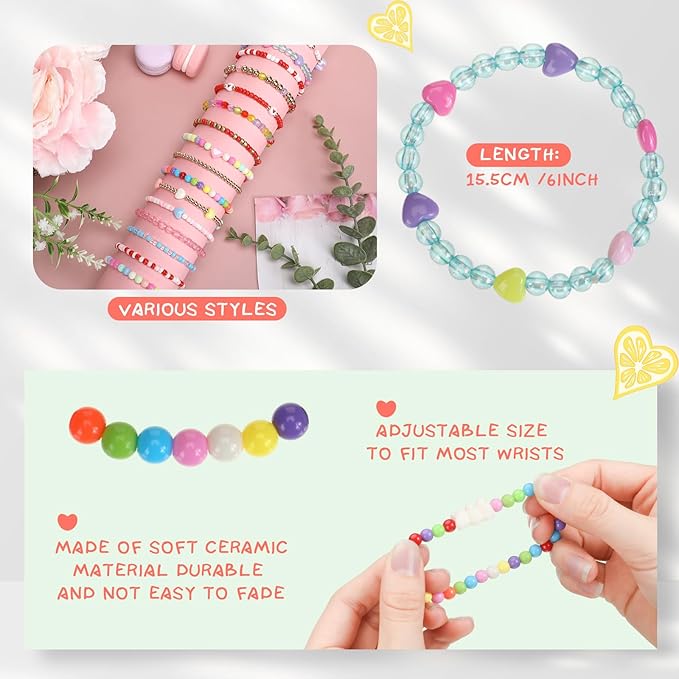 48 Pcs Valentine's Day Kids Friendship Bracelet Set Adjustable Beads Bracelets Cute Friendship Princess Pretend Play Bracelet Stretch Bracelet Preppy Bracelets Set for Girls Women(Heart)