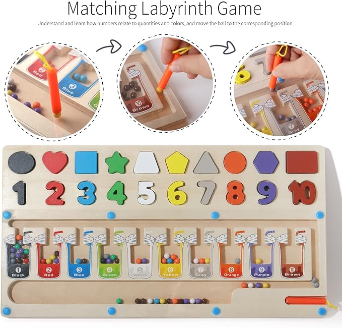 3 in 1 Educational Magnetic Color and Number Maze, Montessori Toys for Toddlers 3 Year Old, Shape and Number Wooden Puzzle Sorting Toys, Essentials for Preschool Learning Activities Classroom
