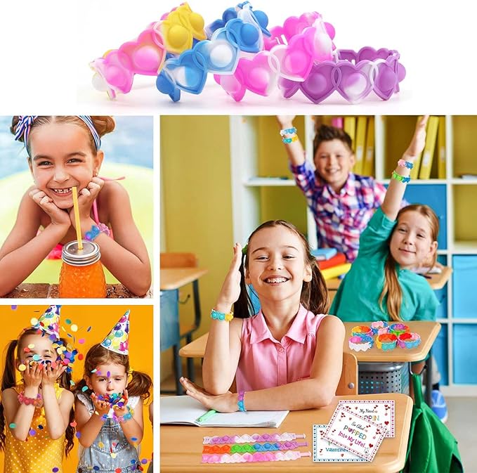 30 Packs Valentine's Day Cards for Kids with Heart Pop Bracelets Bubble Toys, Valentine's Day School Classroom Prizes, Valentine Exchange Gift, Kids Valentine Party Favors