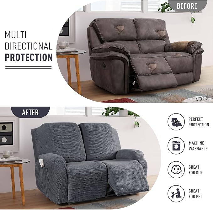 KinCam Recliner Covers, Stretch Reclining Chair Covers, Recliner Sofa Slipcovers Stripe Jacquard Recliner Couch Covers Furniture Protector Covers for Pet Kid (2 Seater, Dark Gray)