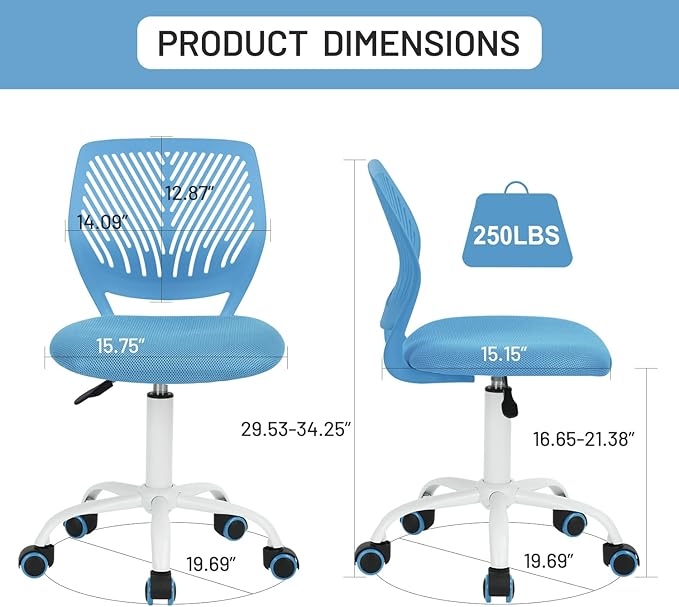 FurnitureR Desk Chair Armless Small, Mesh Comfy Home Office Chair with Plastic Low-Back, Adjustable Swivel Study Chair Computer Task Chair for Student Children Kids with Wheels, Blue