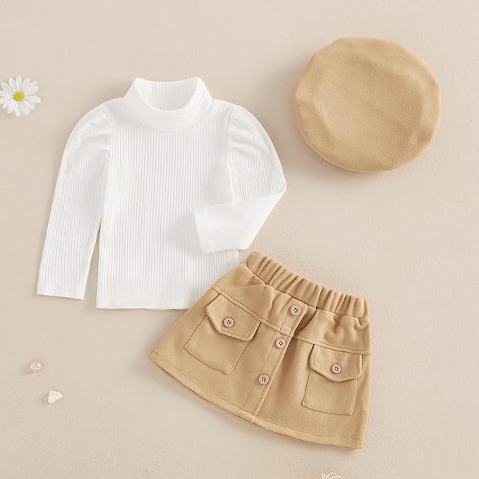 Fernvia Toddler Baby Girl Fall Winter Skirt Set Turtleneck Ribbed Long Sleeve T-Shirt Top & Plaid Skirts Dress 2Pcs Outfits