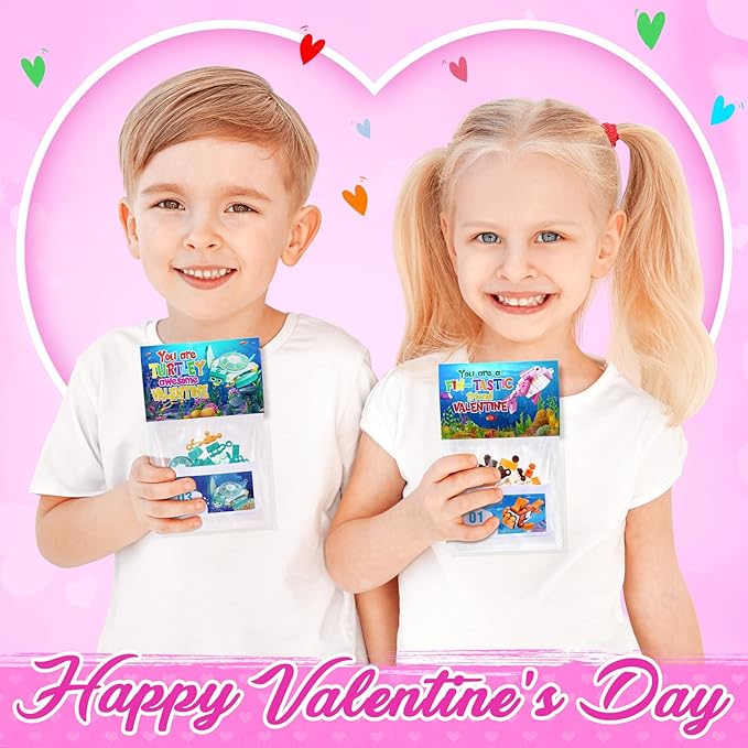 24 Pack Valentine Gifts for Kids 8-12, Marine Animal Building Blocks Kit with Gift Cards for Kids School Classroom, Party Favors Exchange for Boy Girl, Kid Valentine Basket Stuffers Egg Filler