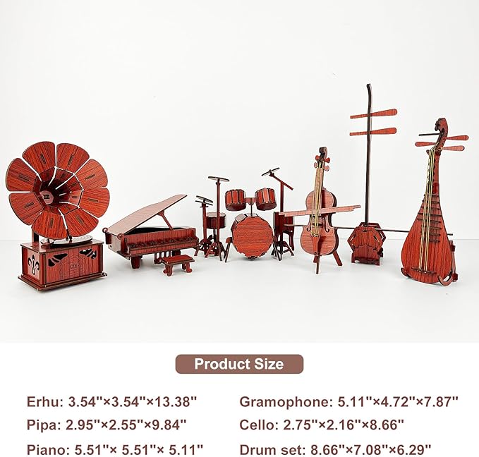 6-in-1 3D Puzzles Music Instrument Set for Adults/Kids with Piano, Gramophone, Drum-kit, Cello, Erhu, and Pipa, for Wooden Decorations, Wood Craft Jigsaw Puzzle for 6 Age up