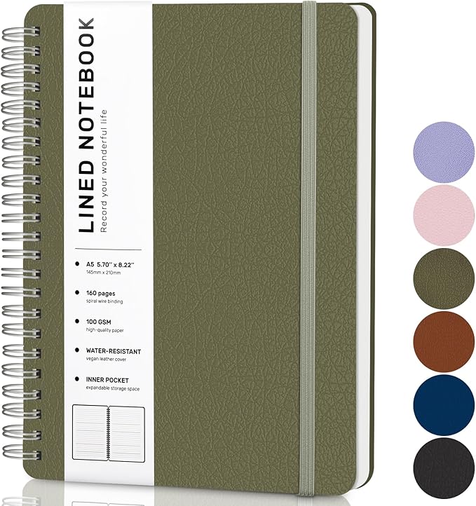 ABERLLS Green Lined Spiral Journal Notebook with 160 Pages, 8×5.7in, A5 Spiral Notebook, Journaling Notebooks for Work, School, Women, Men, College Ruled Spiral Notebook, Hardcover Leather Journals