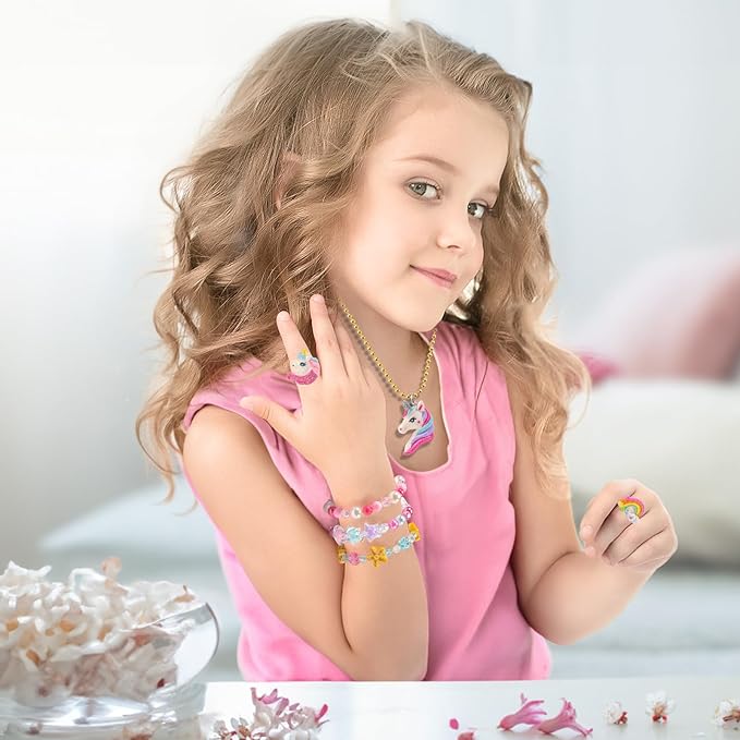 Kids Jewelry for Little Girls Ages 4-6, Unicorn Play Necklace Bracelets Rings for Toddlers Girls 3-5 6-8, Childrens Costume Dress Up Jewelry Set, Princess Gifts for 3 4 5 7 6 8 Year Old Party Favor