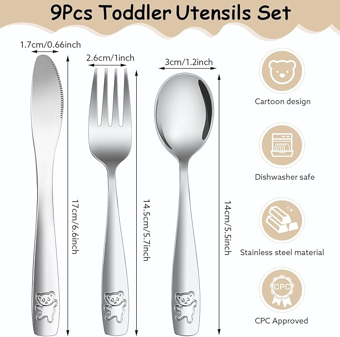9 Piece Stainless Steel Kids Silverware Set,Toddler Utensils,Child and Toddler Flatware,Kids Utensil Set,Children Safe Forks, Spoons and Knives,Mirror Polished, Dishwasher Safe