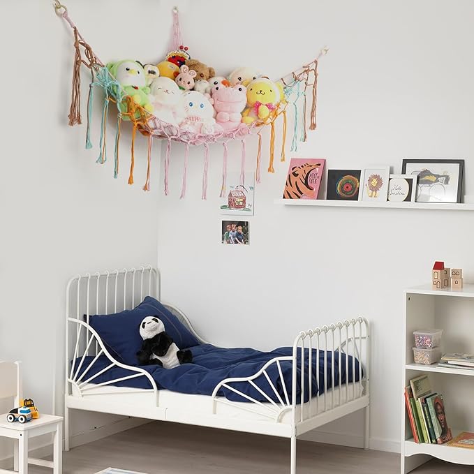 Boho Stuffed Animals Net or Hammock Large,55 inch Toy Hammock Macrame Stuff Animal Storage Corner Hanging Net Holder,Mesh Hammock Plush Toy Organizer with Hooks for Bedroom,Nursery (colorful)