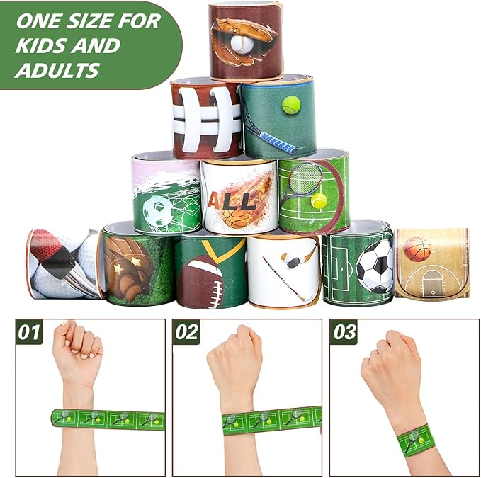 72PCS Sport Slap Bracelets Wristband Sport Party Favors Set, Sport Birthday Party Match Supplies Classroom Prizes, Sports Themed Bracelets for Kids and Adults, 12 Patterns