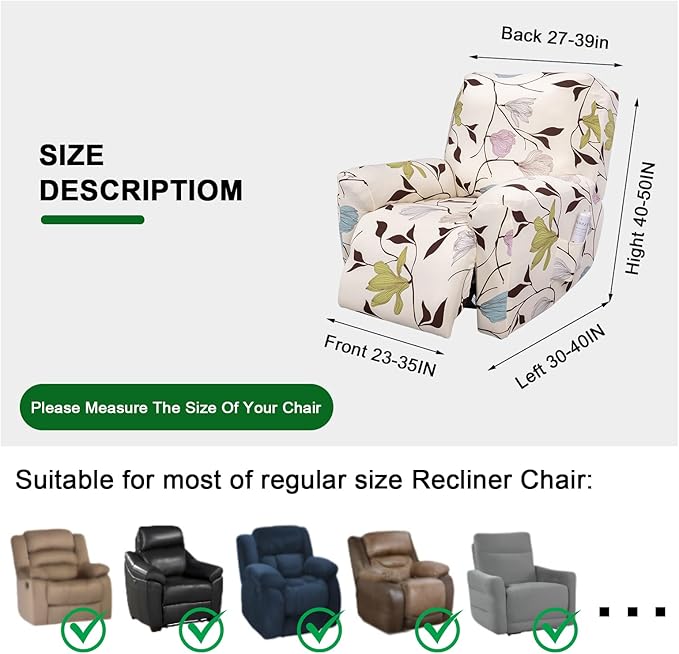 FUANGUI Recliner Chair Cover 4-Pieces Lazyboy Cover for Recliner Chair with Storage Pockets Furniture Protector for Living Room, Jacquard Sofa Slipcover for Kids, Pets, Dog and Cat, 14