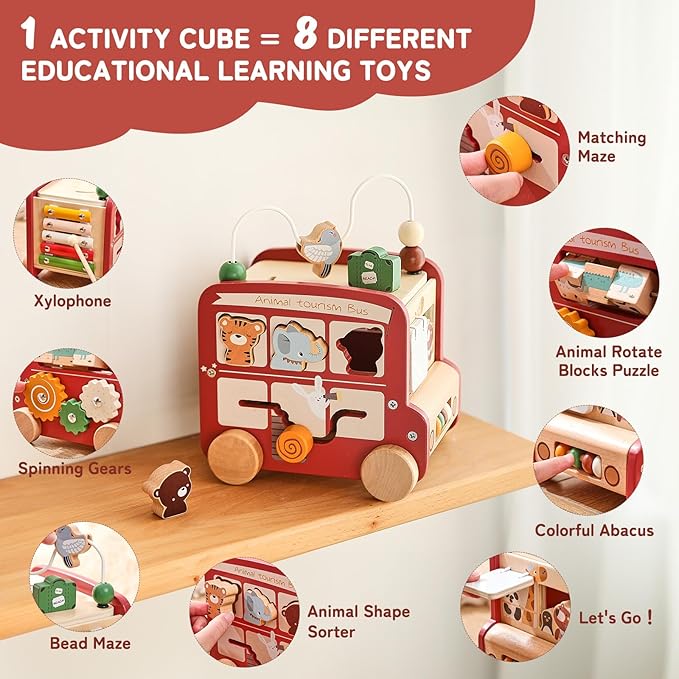 Wooden Activity Cube 8-in-1 Montessori Toys | Multifunctional Early Educational Learning Toys | Activity Cube for Baby Shape Sorter Xylophone Animal Travel Bus Toys Boy Girl Birthday Gift（Red Bus）