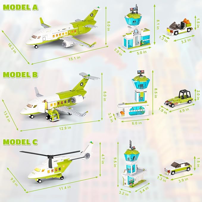 3 in 1 City Passenger Airplane Building Sets with LED Light, 684 PCS Toy Plane Building Blocks with Airport Terminal, Luggage Cart, Aircraft Tug Model Plane Toys for Kids 6-12+