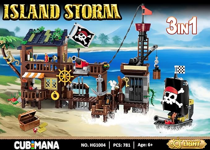 3 Style Pirate Ship Wharf Building Toy with LED Light - 781PCS Medieval Pirate's House Building Block Set, Architecture Bricks Kit for Kids Girls Boys Ages 6-12+ Birthday Gifts