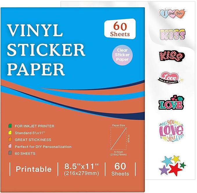 60 Sheets Premium Printable Clear Vinyl Sticker Paper for Inkjet Printer, 8.5x11" Transparently Vinyl Sticker Paper Waterproof, Dries Quickly, Vivid Colors, Tear Resistant, Great for Cutting Machines
