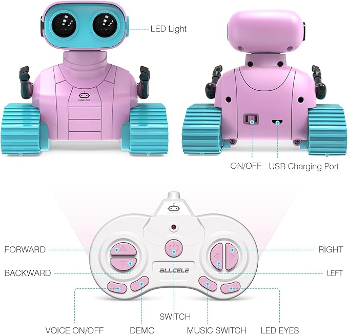ALLCELE Robot Toys, Rechargeable RC Robots for Kids Boys, Remote Control Toy with Music and LED Eyes, Ideal Gift for Children-Pink Blue