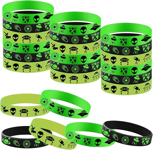 48PCS Green Alien Party Rubber Bracelets, Outer UFO Space Alien Themed Birthday Party Decorations Supplies Decor Gifts Goodie Bag Favors Green Alien Silicone Wristbands