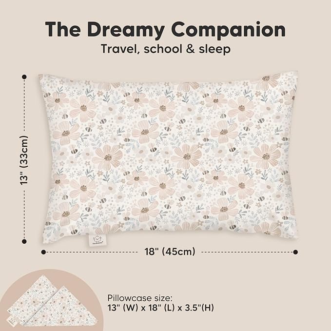 Toddler Pillow with Pillowcase - 13x18 My Little Dreamy Pillow, Organic Cotton Toddler Pillows for Sleeping, Kids Pillow, Travel Pillows, Mini Pillow, Nursery Pillow, Toddler Bed Pillow (Flora Vale)