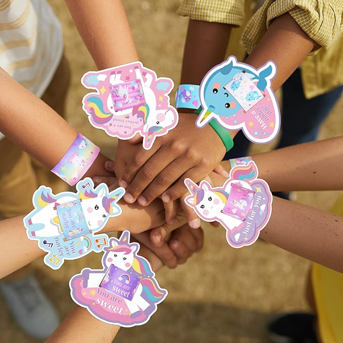 40Pack Valentines Day Greeting Cards and Bracelets for Kids Unicorn Valentines Day Gifts with Wristband Unicorn Cards for Valentines Day Party Decorations Supplies School Classroom Exchange Gift Set
