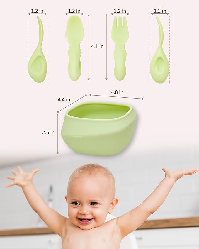 Toddler Utensils Set Ergonomic Fork and Spoon and Bowl Set Non-Slip Design for baby 12+ Month Self-Feeding Olds BPA Free Silicone Microwave and Dishwasher Safe Fine Motor Skills (Green)