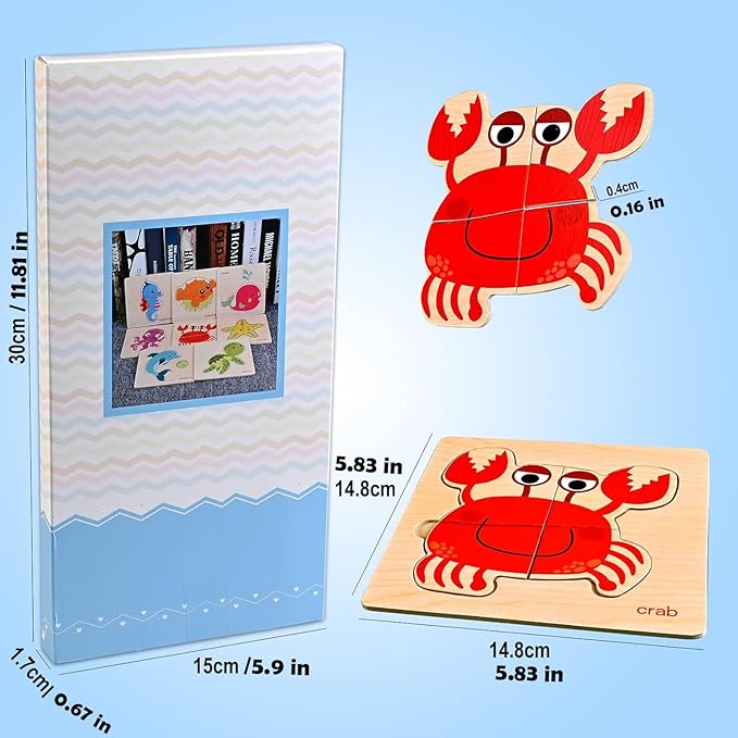 8pcs Wooden Puzzles for Toddlers 1-3, Toddler Puzzles Ages 2-4, Montessori Toys for 1-3+ Years Girl Boy, Sea Animal Puzzle for Kids, Jigsaw Puzzles Educational Toys Preschool Puzzles for 1-3